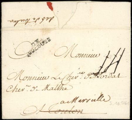 MP manuscrite "deb de Toulon" sur LAC de Toulouse 1761,