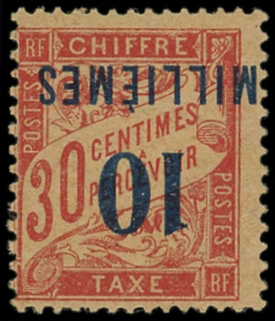 TAXE N°7A 10m sur 30c rouge-carmin, surcharge RENVERSEE, neuf **, TB. Signé Scheller