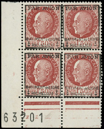 N°3 1f50 brun-rouge Pétain, BLOC de 4 cdf numéroté, surch. BATIMENT de LIGNE RICHELIEU, neuf **, TB
