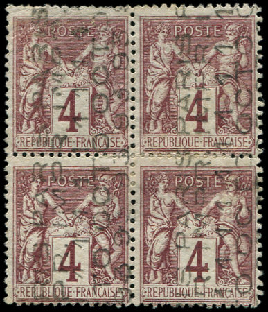 N°14 Sage, 4c lilas-brun, BLOC de 4 surch. 11 OCT, inf. froiss. d'angle, nsg, TB, certif. Calves