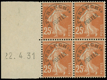 N°57a Semeuse Camée, 25c jaune-brun, T IIIC, BLOC de 4 bdf daté 22/4/31, neuf **, TB