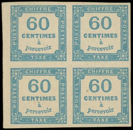 N°9 60c bleu, BLOC de 4, neuf **, la paire sup. *, TB. Signé Calves