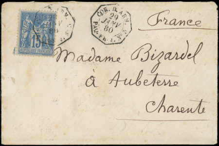N°90 obl. càd Octog. COR. D. ARM. PAQ. FR. J N°5 29/1/80 s. Env., ind. 23, TB