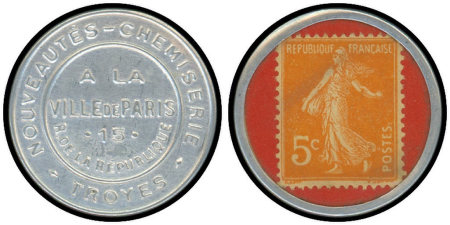 N°158 Semeuse Camée,  5c orange sur rouge, Timbre Monnaie CHEMISERIE VILLE de PARIS, TB