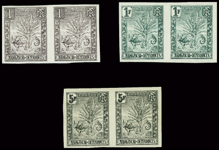 N°63b, 75b, 77b, les 3 valeurs 1c, 1fr et 5fr, variété