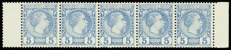 N°3 5c bleu, en bande de 5, neuf * (1 exemplaire **),