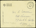 N°1011, 15F Muller, obl Nice RP (27.1.1956) sur env. brûlée avec griffe violette "Courrier détérioré avion accidenté + env. de réexpédition PTT obl