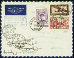 Indochine n°173 + 195 + PA25 obl. Hanoï RP (12.7.1938) sur lettre avec cachet rect bleu "premier vol d'essai Hanoï - Hong-Kong par Air France 12 juillet 1938"