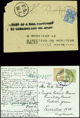 Carte postale et bande de journal des Pays-Bas (1916) pour Londres et Le Havre avec griffes en violet et en noir