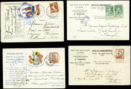 Lot intéressant de 31 CP, cartes de franchise militaire et lettres adressées en Hollande, dont semeuses obl. CAD des postes militaires belges. TB