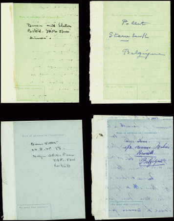 14 formules aérogrammes belges en franchise "Belgian Uno force" vertes ou bleues avec mention "SM" ou "MD" de ou pour un soldat belge pendant la guerre de Corée