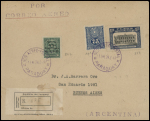 Paraguay n°191 + 227 + PA2 obl CAD "Sco aereo-postal Paraguay (1.1.29) sur lettre pour Buenos Aires (Pilote Vachet) (Muller n°3 Paraguay). Rare et TB