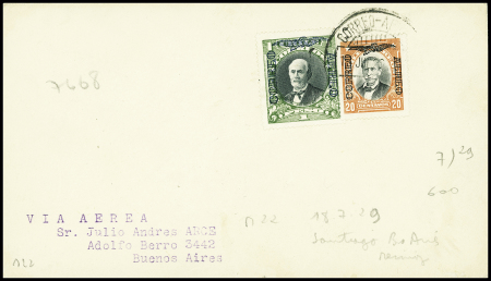 Chili PA13 + PA18 sur lettre du vol Santiago - Buenos Aires par Mermoz et Guillaumet du 18.7.29 (Muller n°22 Chili) avec au verso cachet rect noir