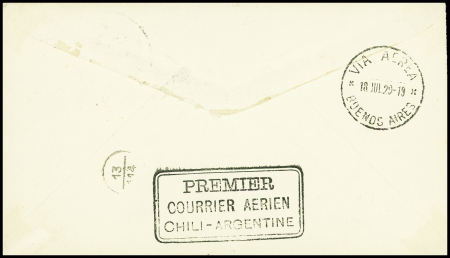 Chili PA13 + PA18 sur lettre du vol Santiago - Buenos Aires par Mermoz et Guillaumet du 18.7.29 (Muller n°22 Chili) avec au verso cachet rect noir