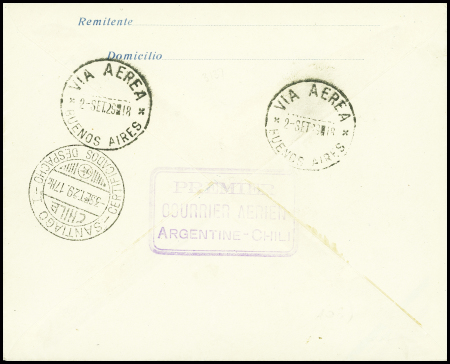 Argentine n°281, 4 pièces + 310 + PA1 + PA2 obl CAD "Via aerea Buenos Aires" (2 sept 29) sur env entier postal n°283 recommandée avec signature