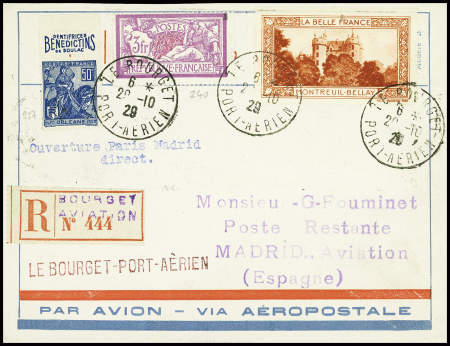 N°240 + vignette "La Belle France" (Montreuil Bellay) obl CAD "Le Bourget port aérien" (29.10.29) sur lettre recommandée pour Madrid
