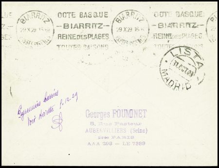 N°240 + vignette "La Belle France" (Montreuil Bellay) obl CAD "Le Bourget port aérien" (29.10.29) sur lettre recommandée pour Madrid