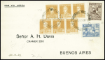 Argentine n°277, 2 bandes de 3 + 323 + 325 obl CAD "Comodoro Rivadavia Argentina" sur env pour Buenos Aires par Saint-Exupery (M61 Argentine). 70 plis existants
