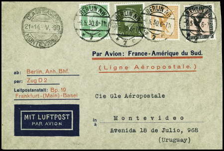 Allemagne n°402 + 408 + PA31 + PA32 obl Berlin (9.5.30) sur env témoin de l'aéropostale pour Montevideo avec transit Strasbourg gare avion (10.5.30)