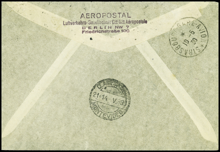 Allemagne n°402 + 408 + PA31 + PA32 obl Berlin (9.5.30) sur env témoin de l'aéropostale pour Montevideo avec transit Strasbourg gare avion (10.5.30)