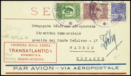 Brésil n°205 + PA20 + PA22 sur lettre de la 1ère tentative de retour par Mermoz (7.6.1930 - M77 Brésil) avec signature de Dabry. TB