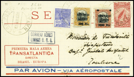 Brésil n°205 + PA5 + PA9+ PA 18 OBL Natal sur lettre de la 1ère tentative de retour de Mermoz Brasil Europa (M77). TB