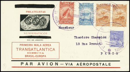 Brésil n°205 + PA18 + PA19 sur env avec repiquage "Philatelistas numismaticos Rio de Janeiro" pour Paris (M77 - 1ère tentative de retour Mermoz). TB