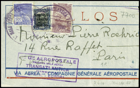 Brésil n°205 + PA10 + PA20 sur lettre pour Paris avec cachet rect violet "Cie Gle aeropostale primeira mala aerea transatlantica directa Brasil - Europa"