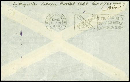 Brésil n°205 + PA10 + PA20 sur lettre pour Paris avec cachet rect violet "Cie Gle aeropostale primeira mala aerea transatlantica directa Brasil - Europa"