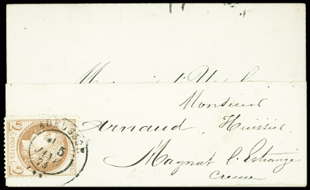 N°51 obl T17 Aubusson (1874) sur carte de visite "Marquis d'Ussel capitaine en retraite" sous bande. TB