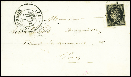 N°3 obl grille + T13 "Aubusson" (1849) sur lettre, ind 16. TB