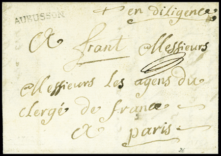 MP "Aubusson" (L n°2 + paraphe de franchise (L4 - 1762) + mention manuscrite "En diligence", ind 13 et ind 18. TB