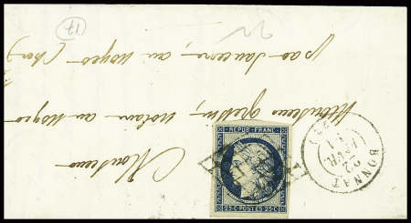 N°4 obl grille + T15 "Bonnat" (1851) sur lettre. TB