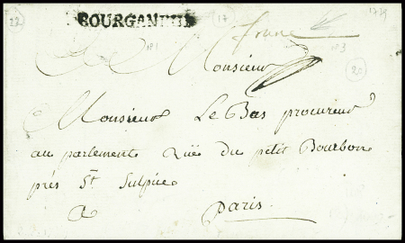 MP "Deb 22 Bourganeuf" (L1, ind 17) + "Franc" manuscrit (L3 - ind 20) (1779). TB