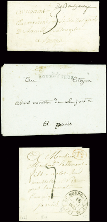15 lettres de Bourganeuf dont "De Bourganeuf" manuscrit (L4 - 1747) et "P 22 P Bourganeuf" (40x7mm - 1829 - ind 13). TB
