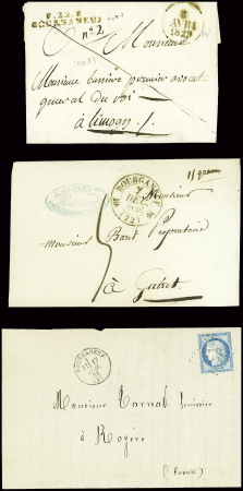 15 lettres de Bourganeuf dont "De Bourganeuf" manuscrit (L4 - 1747) et "P 22 P Bourganeuf" (40x7mm - 1829 - ind 13). TB