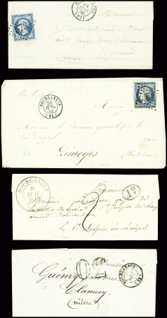 15 lettres de Bourganeuf dont "De Bourganeuf" manuscrit (L4 - 1747) et "P 22 P Bourganeuf" (40x7mm - 1829 - ind 13). TB