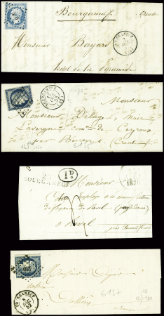 15 lettres de Bourganeuf dont "De Bourganeuf" manuscrit (L4 - 1747) et "P 22 P Bourganeuf" (40x7mm - 1829 - ind 13). TB