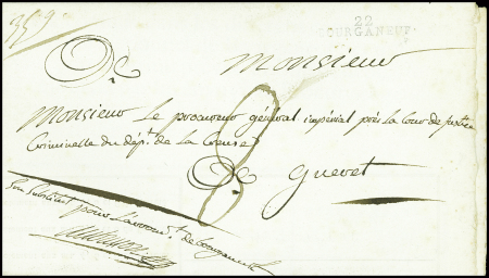 15 lettres de Bourganeuf dont "De Bourganeuf" manuscrit (L4 - 1747) et "P 22 P Bourganeuf" (40x7mm - 1829 - ind 13). TB