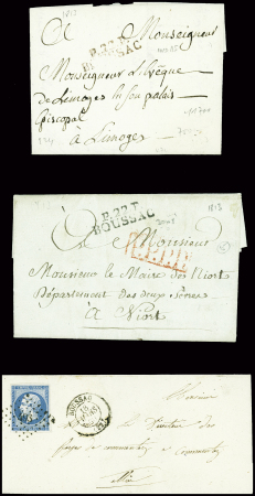 9 lettres de Boussac dont 2 MP "P 22 P Boussac" (1813 - ind 15 chaque). TB