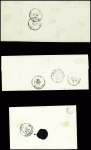 3 lettres : cursive "22 Chatelus le Marcheix" (1850) - N°43 obl GC 956 + T24 Chatelus-le-Marcheix (1871) et n°14, BDF, OBL PC 804 + T22 "Chatelus le Marcheix"