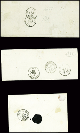 3 lettres : cursive "22 Chatelus le Marcheix" (1850) - N°43 obl GC 956 + T24 Chatelus-le-Marcheix (1871) et n°14, BDF, OBL PC 804 + T22 "Chatelus le Marcheix"