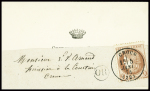 N°51 obl T16 "Crocq (22)" (1874) sur carte de visite "Gustave de Brinon" sous bande. TB