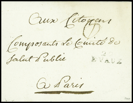 MP "22 Evaux" (An 3), ind 20 sur lettre pour Paris avec à l'intérieur cachet rouge "Comité de salut public pluviôse 4". TB