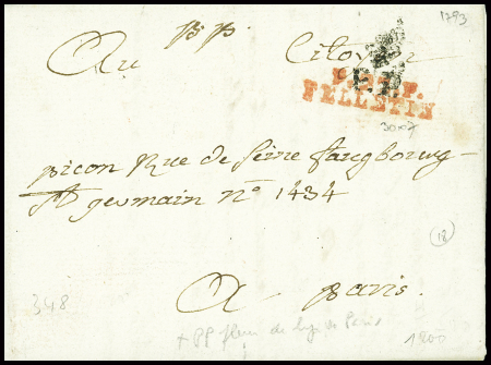 MP rouge "P 22 P Felletin" (1793) sur lettre pour Paris avec "PP" noir surmonté d'une fleur de lys, ind 18. Est jointe une lettre de JF Baudot