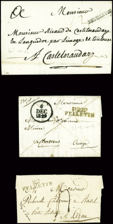 14 lettres de Felletin dont MP "Feuilletin" (L2 - 1776 - ind 14) et "P 22 P Felletin" (32x9mm - 1829 - ind 14)