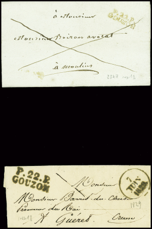 2 lettres avec MP rouge "P 22 P Gouzon" (23 x 7mm - 1817 - ind 19) et MP "P 22 P Gouzon" (1829 - ind 18), jolies frappes