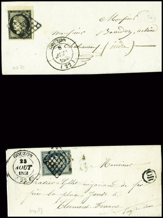 2 lettres : n°3 obl grille + T13 Gouzon (1850) et n°4 obl grille + T14 Gouzon (1851), ind 20 et i,d 18. TB lot