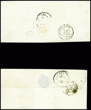 2 lettres : n°3 obl grille + T13 Gouzon (1850) et n°4 obl grille + T14 Gouzon (1851), ind 20 et i,d 18. TB lot