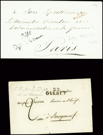 32 lettres de Guéret dont 2 marques manuscrites "Guéret" + paraphe manuscrit de franchise (L1 + L2). TB lot